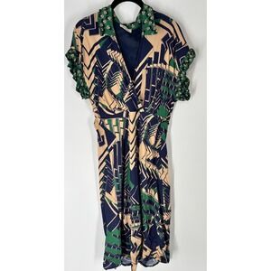 Dixie Firenze Sz S Art Deco Geometric Faux Wrap Midi Dress Statement Whimsical